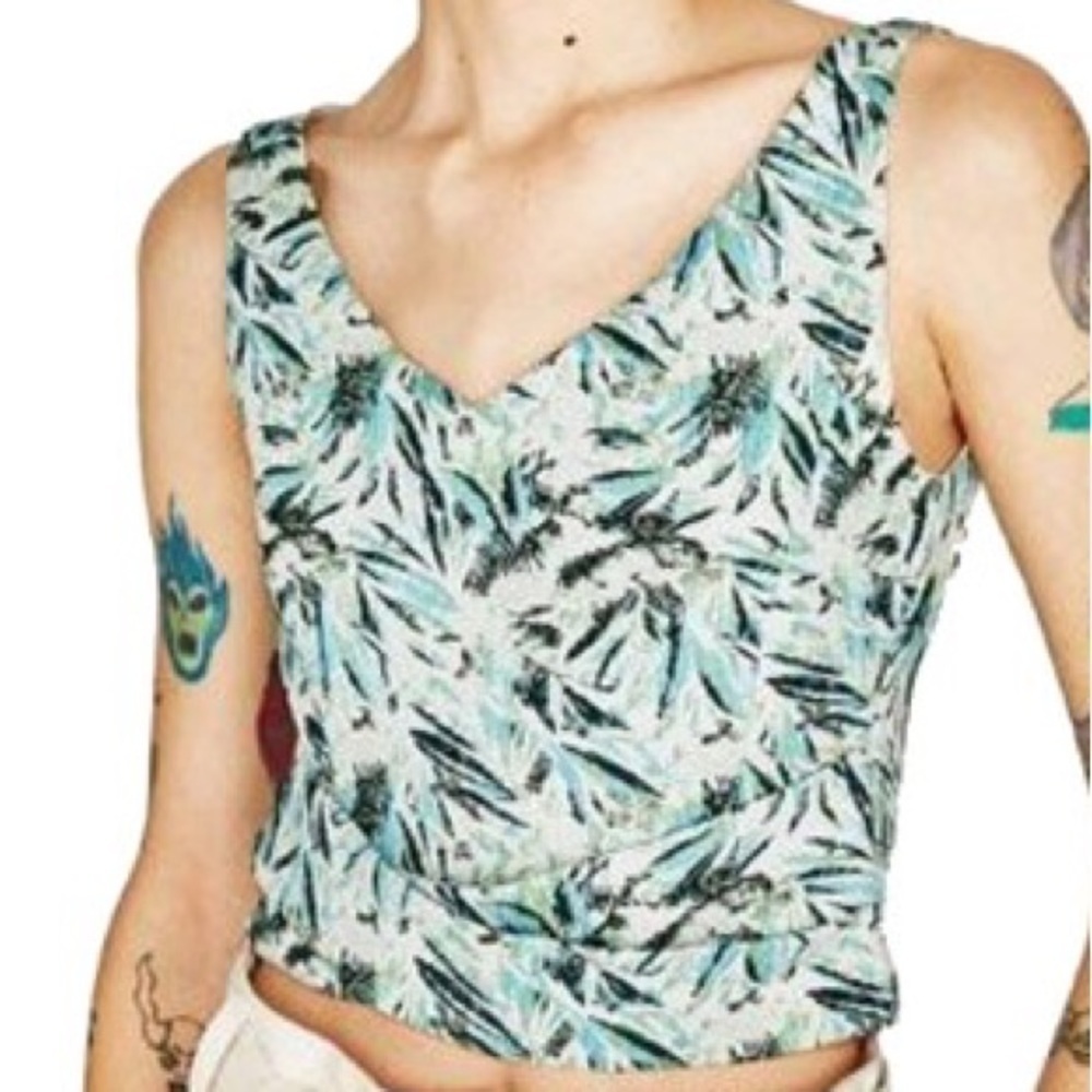 Zara Basic Collection Cream And Green Palm Leaf Cropped Waist Strap Top Size S